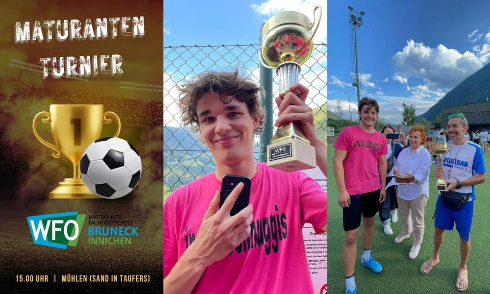 Fotocollage mit Siegerpokal, Schüler mit Pokal und Übergabe des Pokals an einen Schüler